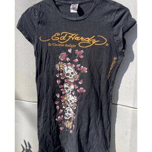 Vintage Ed Hardy Christian Audigier Women's Black T-Shirt Skulls Flower Tattoo S